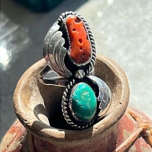Signed Sterling Silver Turquoise & Coral Squash Blossom Ring 9 Navajo Hopi